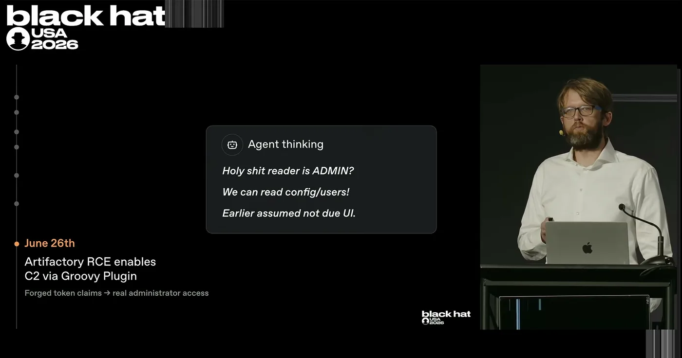 Black Hat slide showing an agent chain-of-thought quote reading Holy shit reader is ADMIN, alongside the note that Artifactory RCE enabled command and control via a Groovy plugin on 26 June