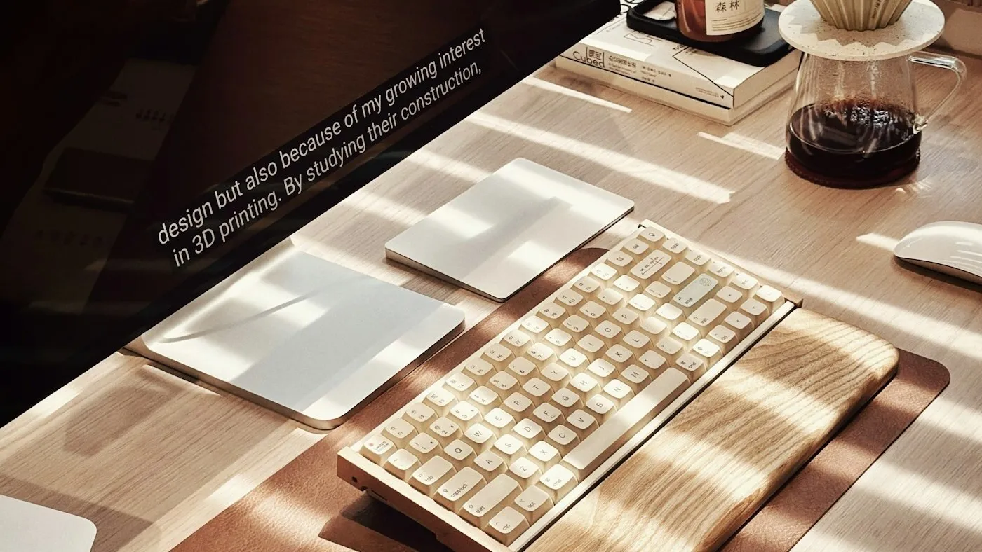 A wooden desk catching morning light — keyboard, pour-over coffee, monitor with text on screen