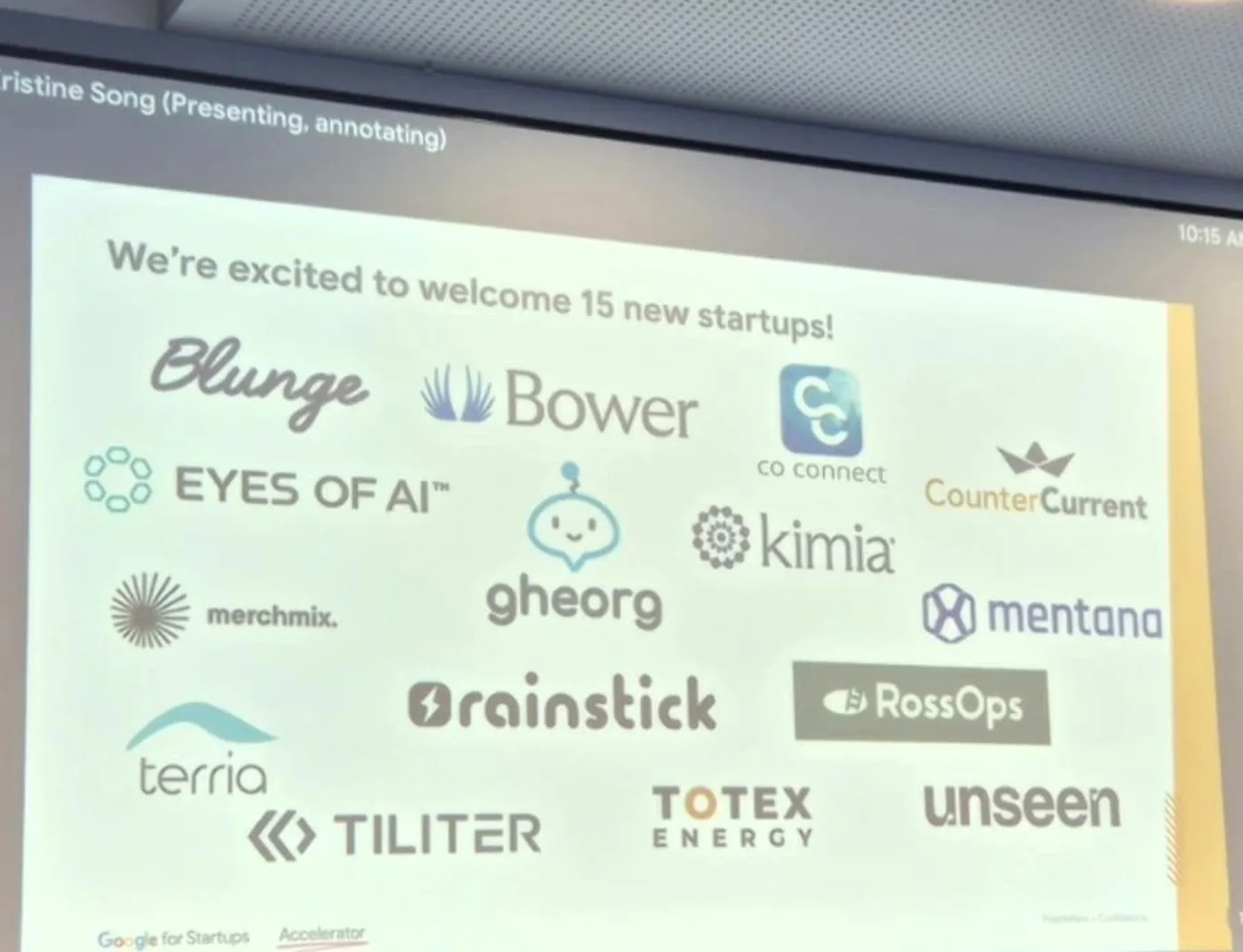 A presentation slide at Google Sydney welcoming the 15 startups of the 2026 Australia and New Zealand AI accelerator cohort