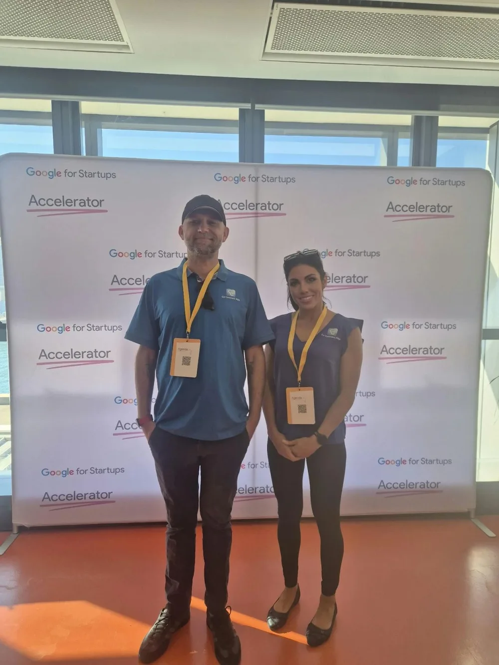 Petr Cervenka and Erin Bell in front of a Google for Startups Accelerator backdrop in Sydney