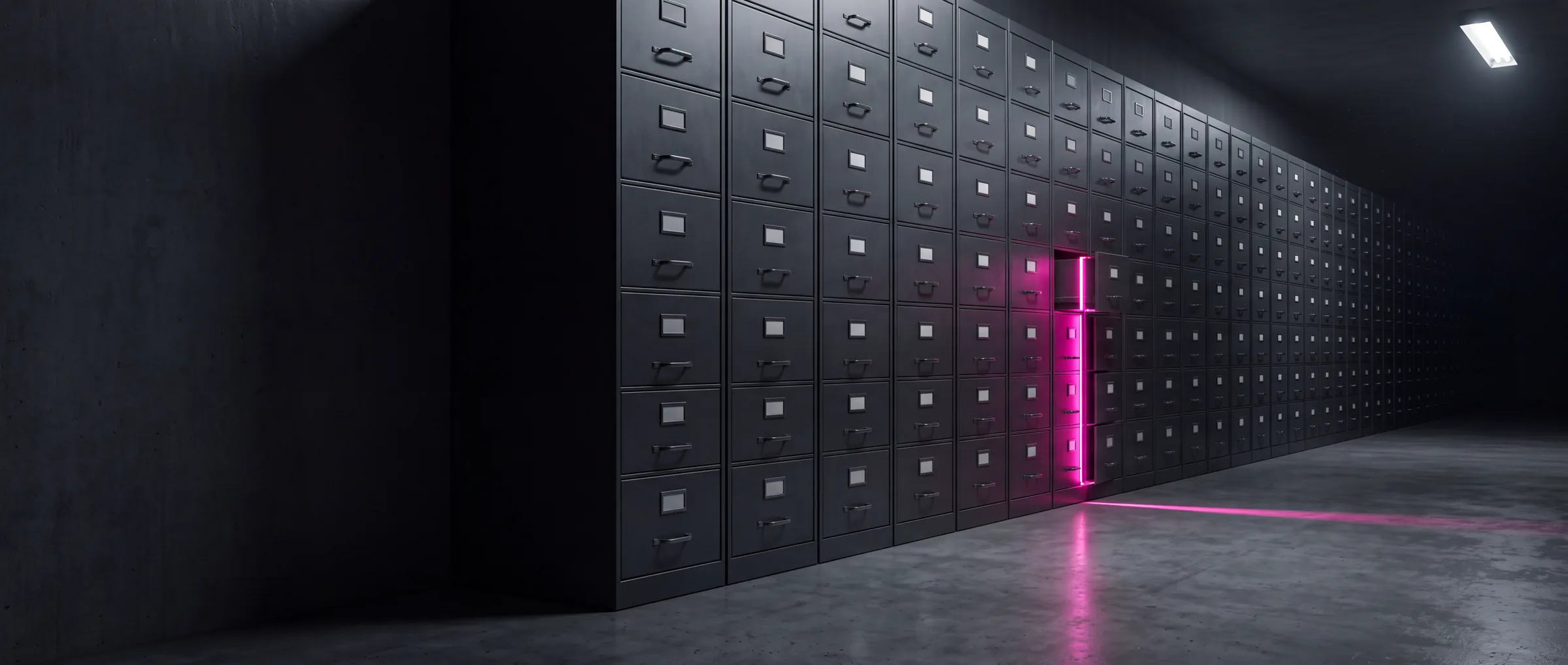 A wall of dark steel archive drawers receding into shadow, one drawer open with a slit of pink light.