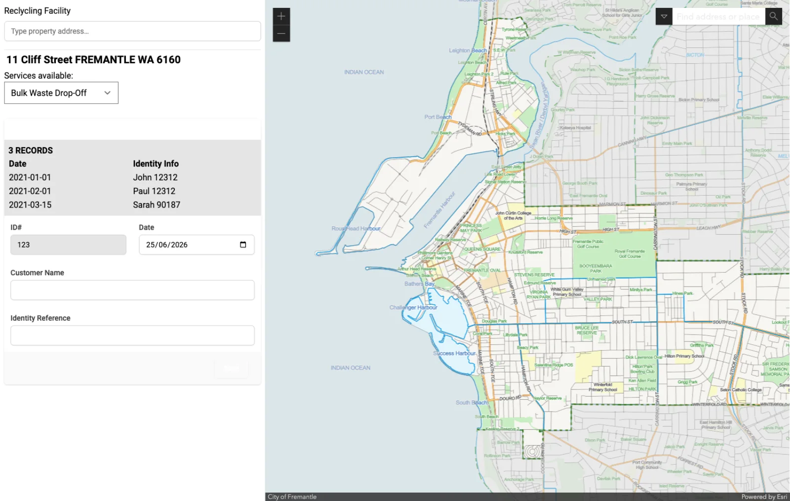 The recycling-centre drop-off interface — address search, a property's drop-off history, and the Fremantle cadastre map