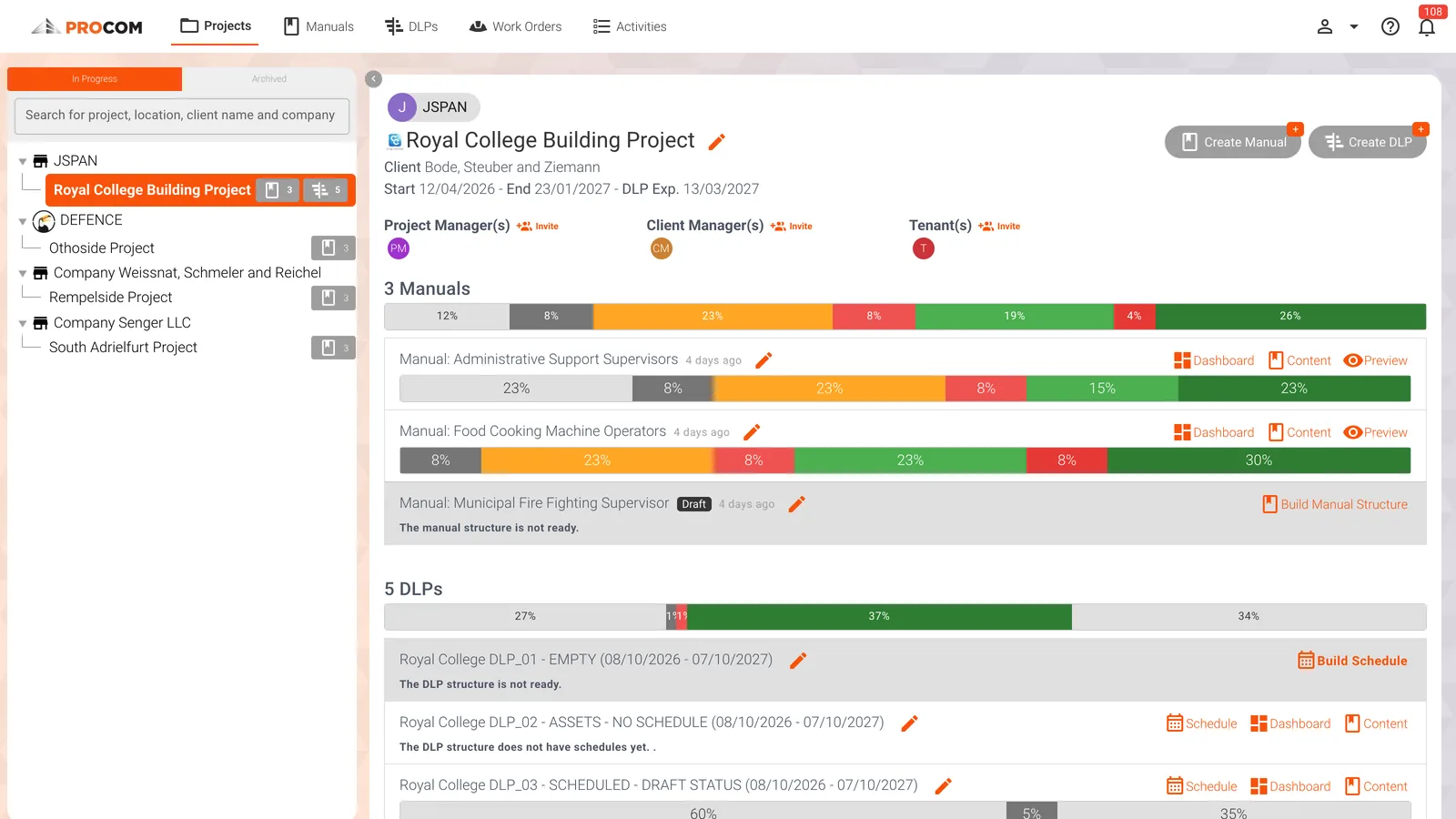 Animated tour of Procom with demo data: project dashboard, manual status by trade, manual structure, statutory maintenance schedule and work orders