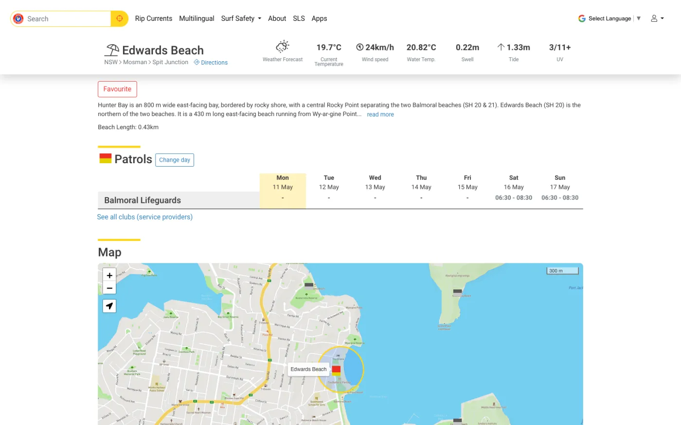 SLSA BeachSafe individual beach page showing live weather, water temperature, swell, tide, UV index and patrol roster