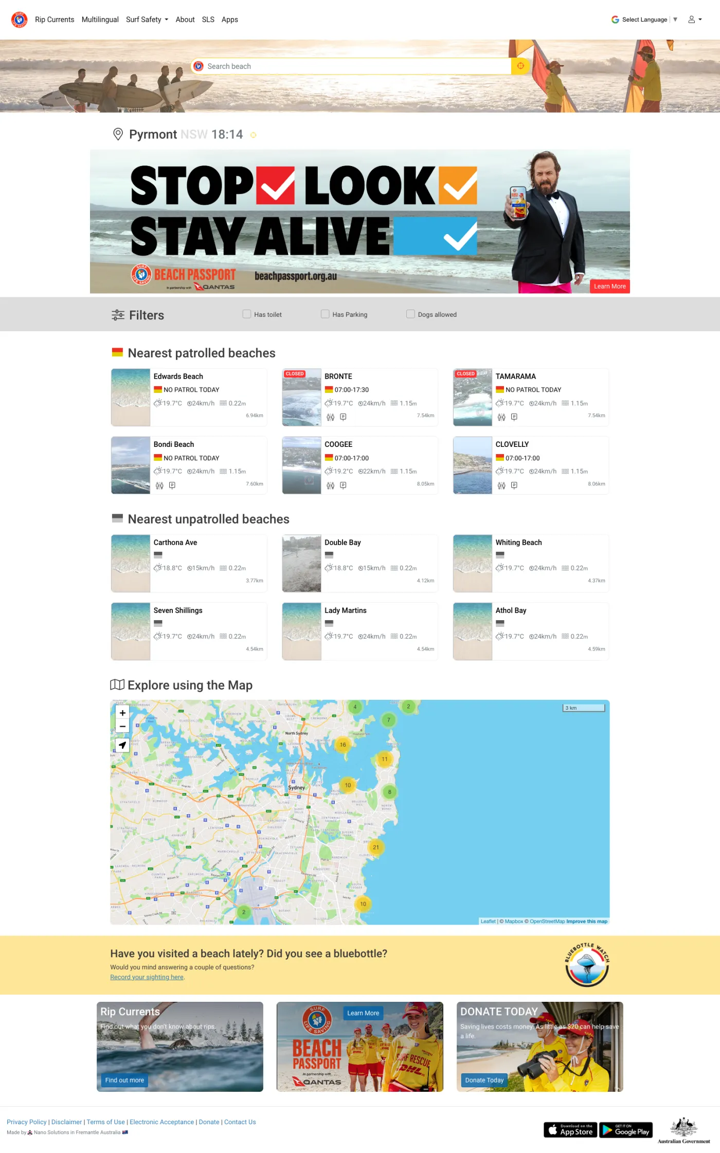 SLSA BeachSafe homepage showing the Stop Look Stay Alive campaign and nearest patrolled beaches