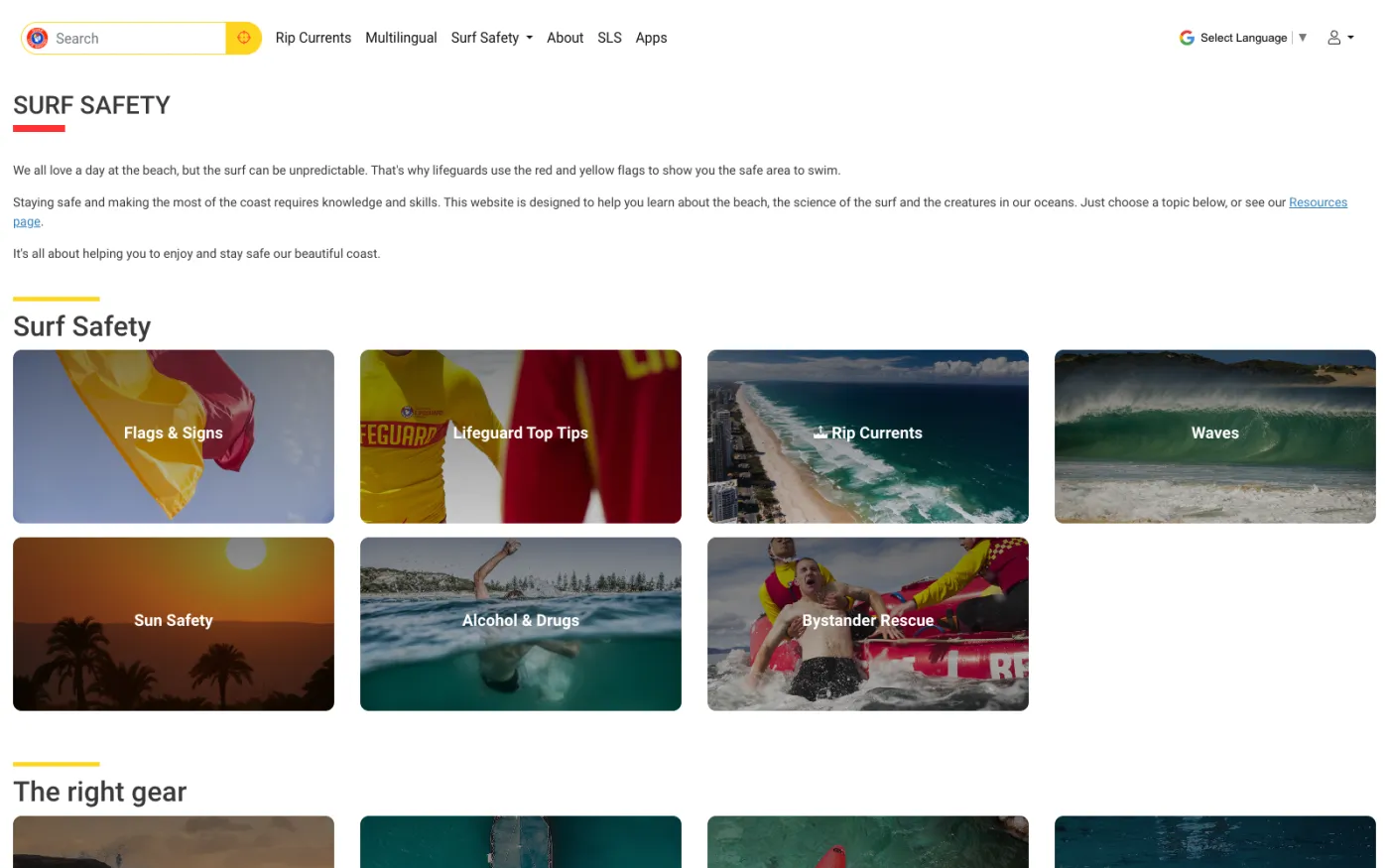 SLSA BeachSafe Surf Safety hub with topic cards for Flags & Signs, Lifeguard Top Tips, Rip Currents, Waves and Sun Safety