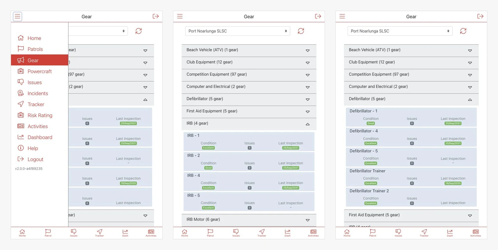 SLSA Operations App: the main menu and a club's gear register, with condition, open issues and last inspection for each item