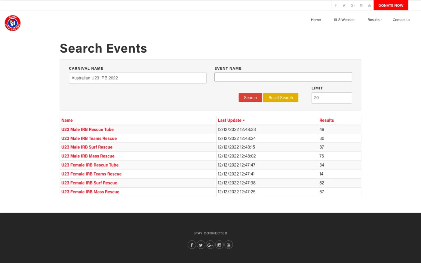 SLSA Results Search Events page showing the U23 Male IRB events list — Rescue Tube, Teams Rescue, Surf Rescue, Mass Rescue with last-update timestamps and result counts