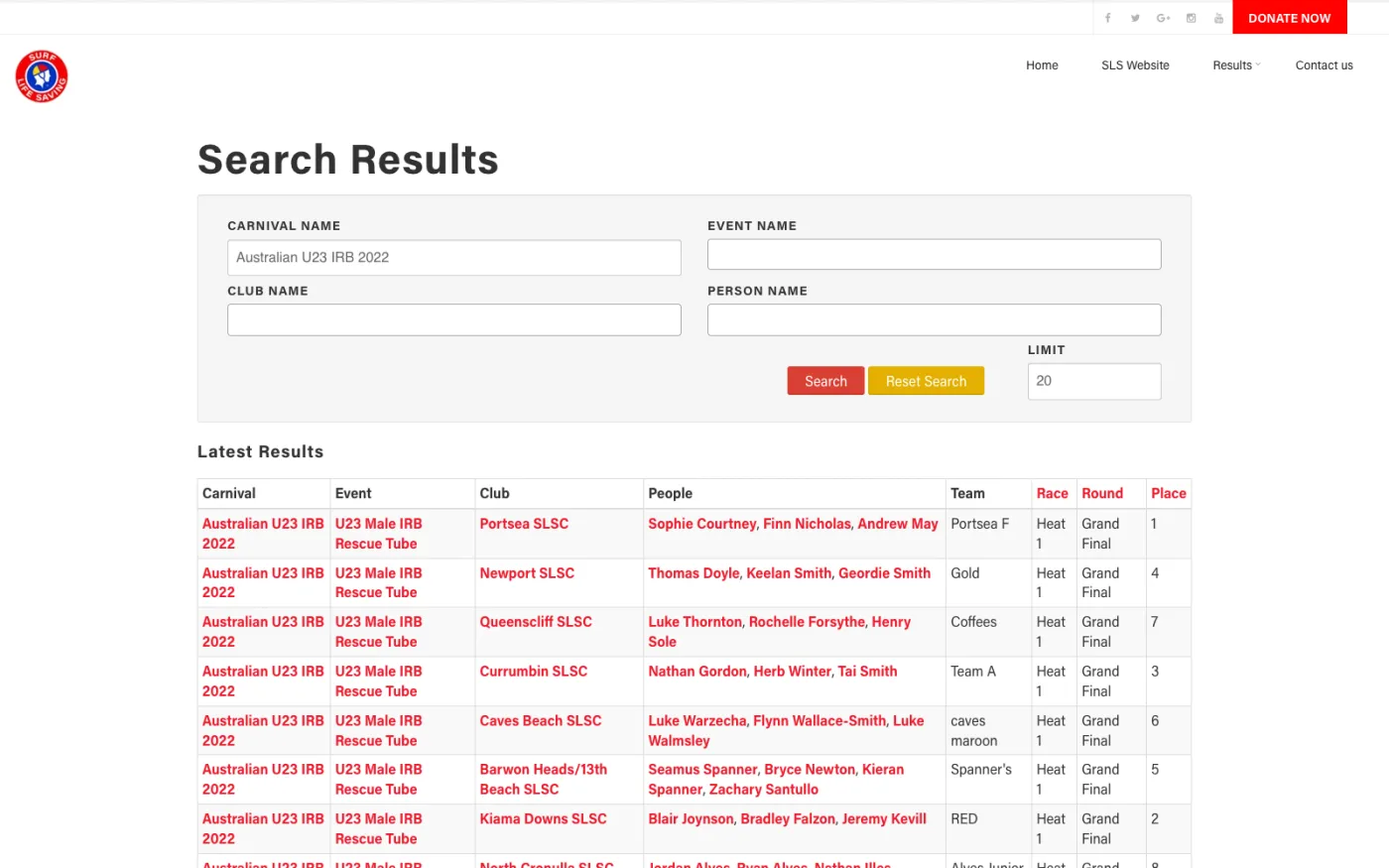 SLSA Results homepage at results.sls.com.au — Search Results form with carnival, event, club, and person filters above a Latest Results table