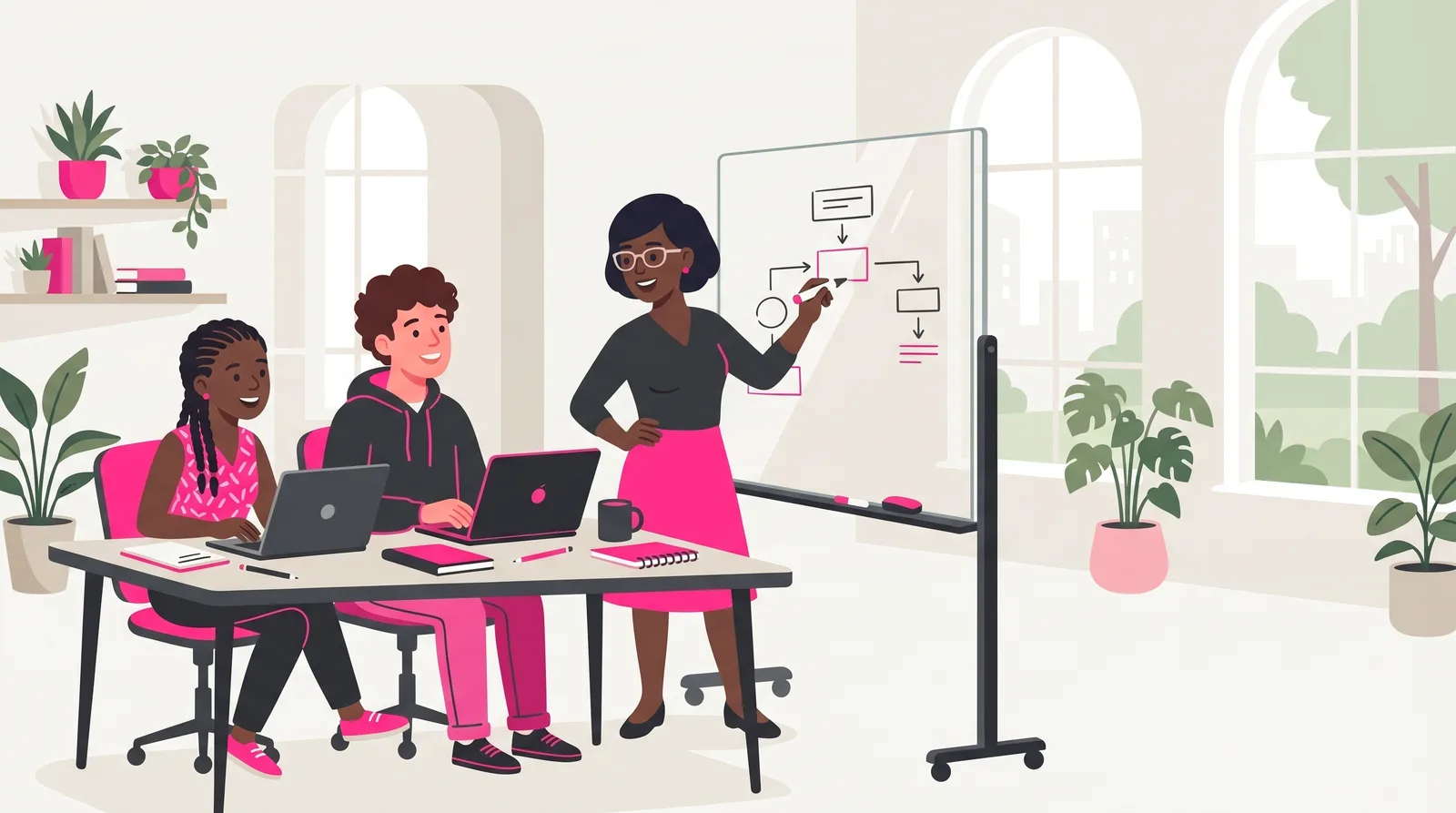 Illustration of a Nano Solutions mentor and two students collaborating around laptops and a whiteboard
