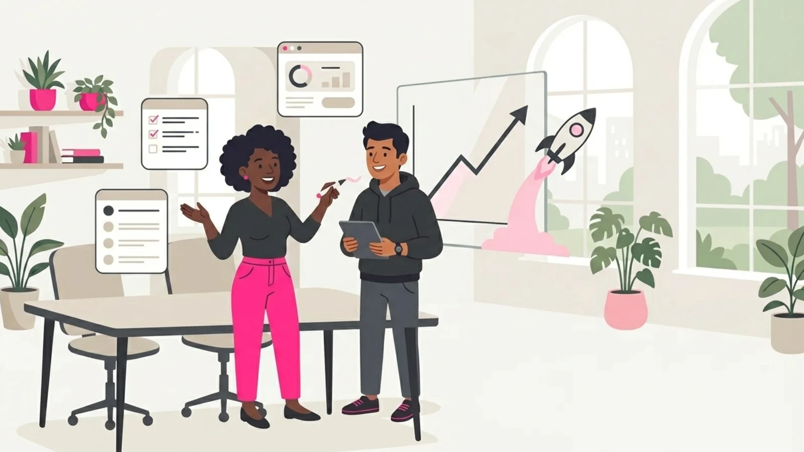 Illustration of two Nano Solutions founders launching a startup beside a rising growth chart and a small rocket